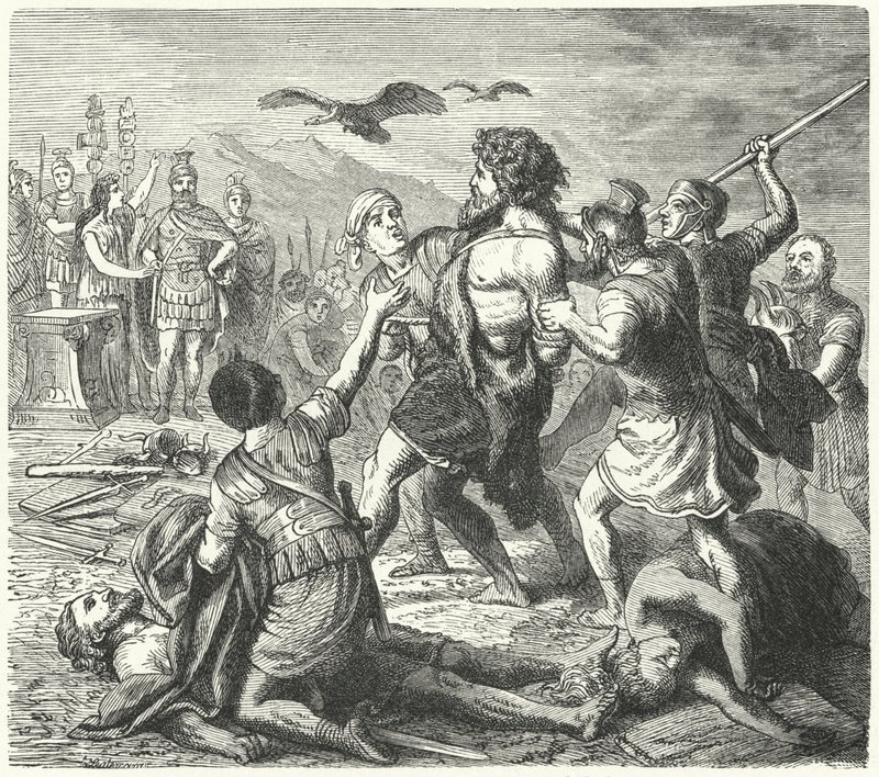 Tilfangetagelse af Tetobod, Teutonernes konge, af romerne efter slaget ved Aquae Sextiae af Heinrich Leutemann