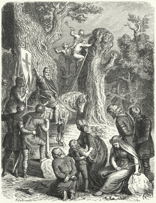 Karl den Store beordrer fældning af Irmensaule, saksernes hellige egetræ, 772 (gravering) af Heinrich Leutemann