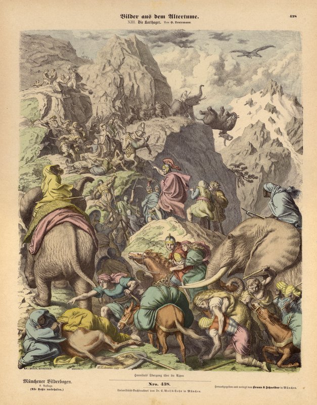 Hannibal leder den karthagiske hær over Alperne (farvet indgravering) af Heinrich Leutemann