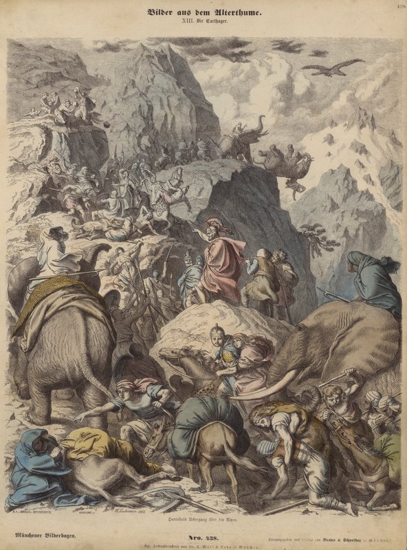 Hannibal leder den karthagiske hær over Alperne (farvet indgravering) af Heinrich Leutemann