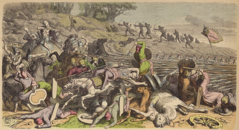 Makedonsk falanks i kamp med perserne (farvegravering) af Heinrich Leutemann