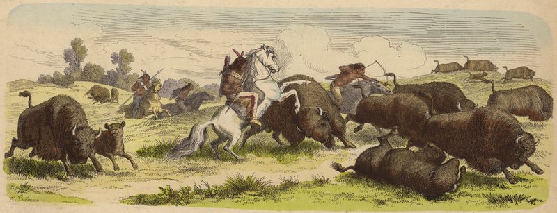 Indfødte amerikanere på hesteryg på jagt efter bøfler (farvet indgravering) af Heinrich Leutemann
