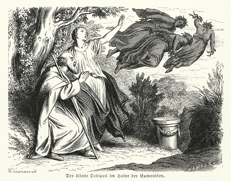Ødipus og Antigone i Eumenidernes lund (kobberstik) af Heinrich Leutemann