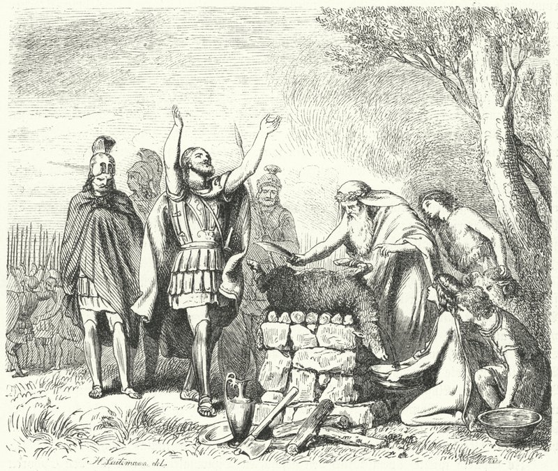 Pausanias bringer et offer til guderne før slaget ved Plataea, 479 f.Kr. (gravering) af Heinrich Leutemann