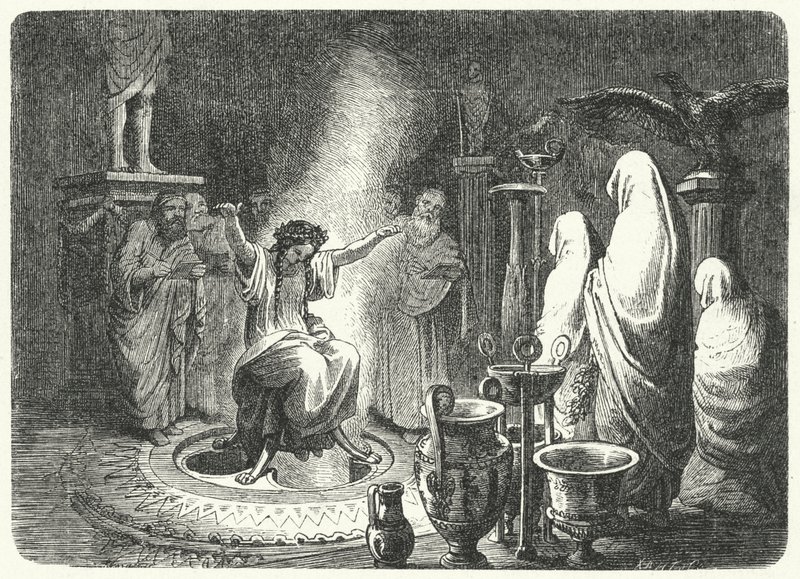 Pythia, ypperstepræstinde af Apollontemplet i Delphi (gravering) af Heinrich Leutemann