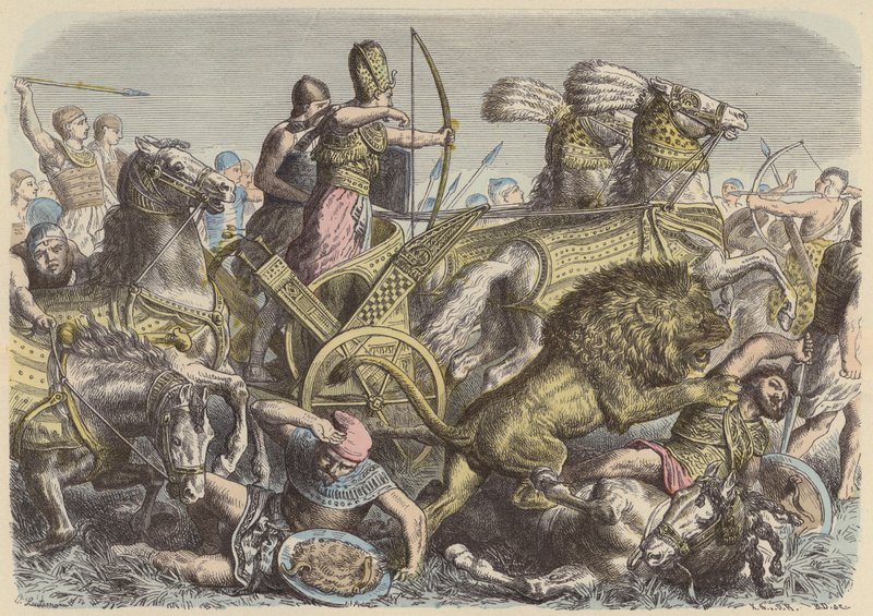 Ramses den Store af Egypten på slagmarken (farvet indgravering) af Heinrich Leutemann
