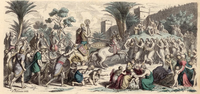 Modtagelse af en sejrrig assyrisk hær (farvet indgravering) af Heinrich Leutemann