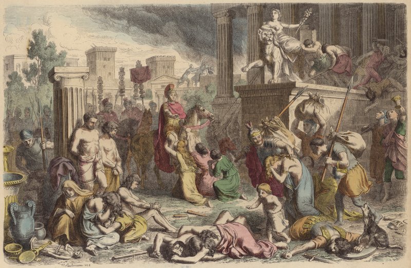 Romerske soldater plyndrer en erobret by (farvet indgravering) af Heinrich Leutemann