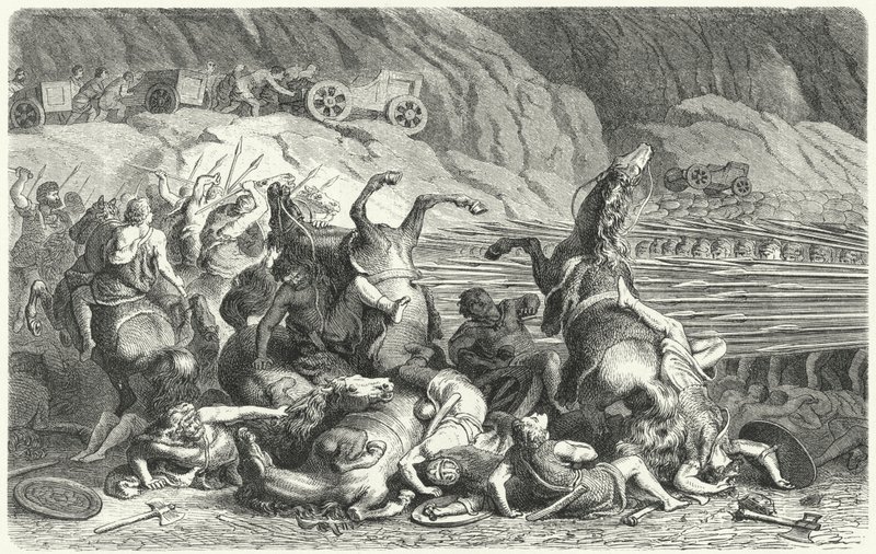 Romere udsendes i falanksformation mod thrakisk kavaleri (gravering) af Heinrich Leutemann