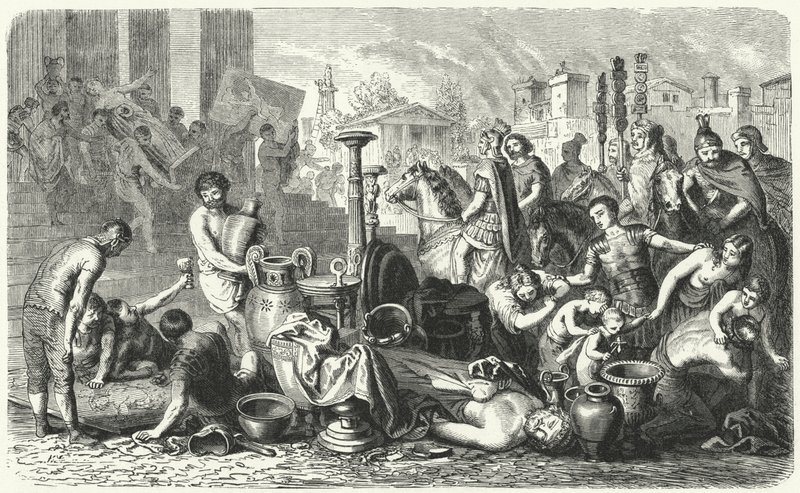 Romerne bærer Grækenlands kunstskatte fra sig (gravering) af Heinrich Leutemann