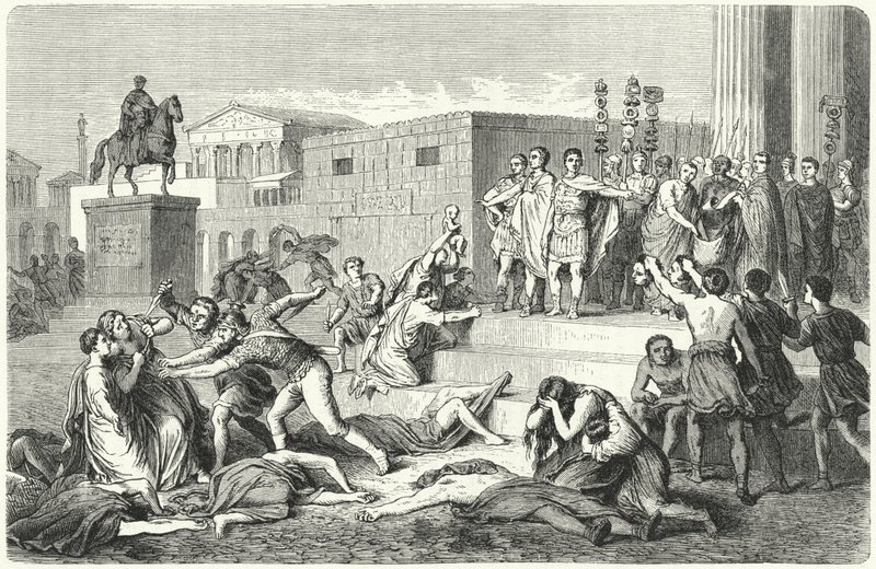 Triumviratet af Mark Antony, Marcus Aemilius Lepidus og Octavian proklamerer forbud mod deres politiske fjender, 43 f.Kr. af Heinrich Leutemann