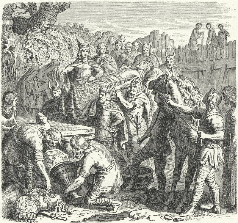 Begravelsen af Alarik I, vestgoternes konge, i lejet af floden Busento, 410 (gravering) af Heinrich Leutemann