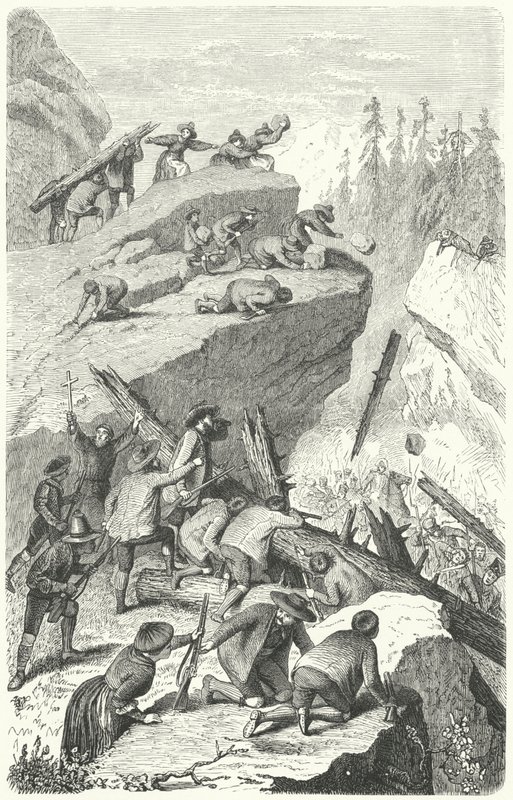 Tyrolske oprørere kæmper mod den franske hær i slaget ved Sachsenklemme af Heinrich Leutemann