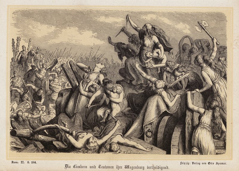 Kvinder fra Kimbrerne og Teutonerne forsvarer deres bagagetog mod romerne (kobberstik) af Heinrich Leutemann