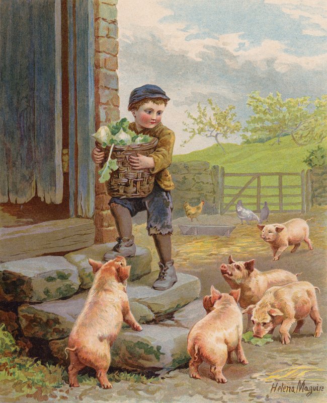 Sultne grise ser på en dreng, der bærer en kurv med majroer på en gård (chromolitho) af Helena J. Maguire