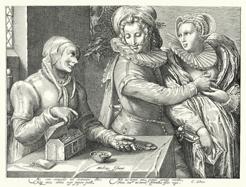 En ung mand, der vælger kærlighed til skønhed frem for rigdom (gravering) af Hendrik (after) Goltzius