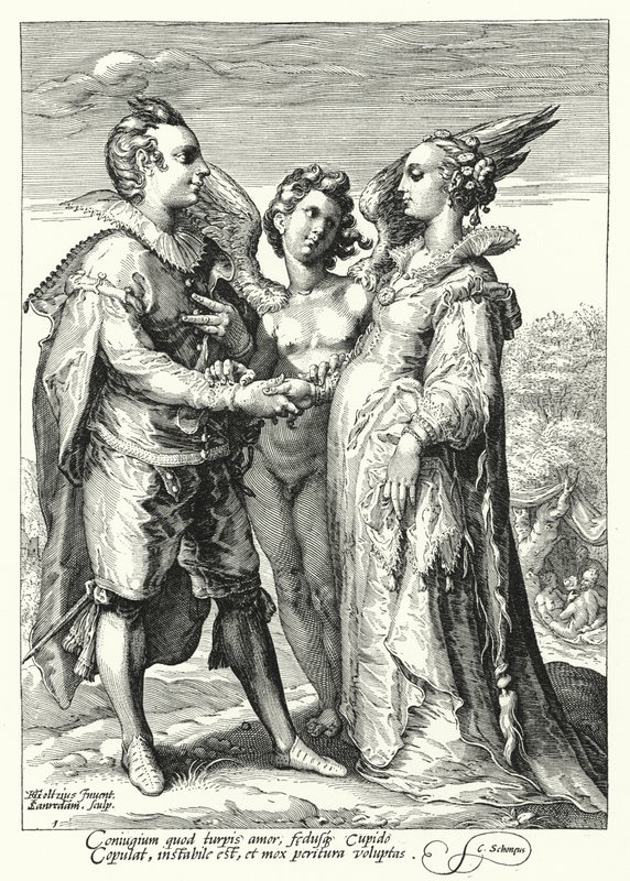 Ægteskab for kærlighed forestået af Amor (gravering) af Hendrik (after) Goltzius