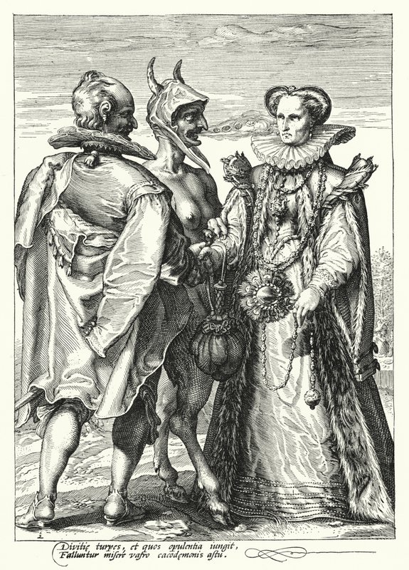 Ægteskab for rigdom forestået af Satan (gravering) af Hendrik (after) Goltzius