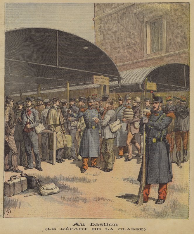 Soldater på vej til deres regiment efter træning (farvelitografi) af Henri (after) Meyer