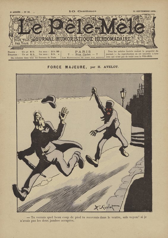 Force majeure. Illustration til Le Pele-Mele, 1902 af Henri Avelot