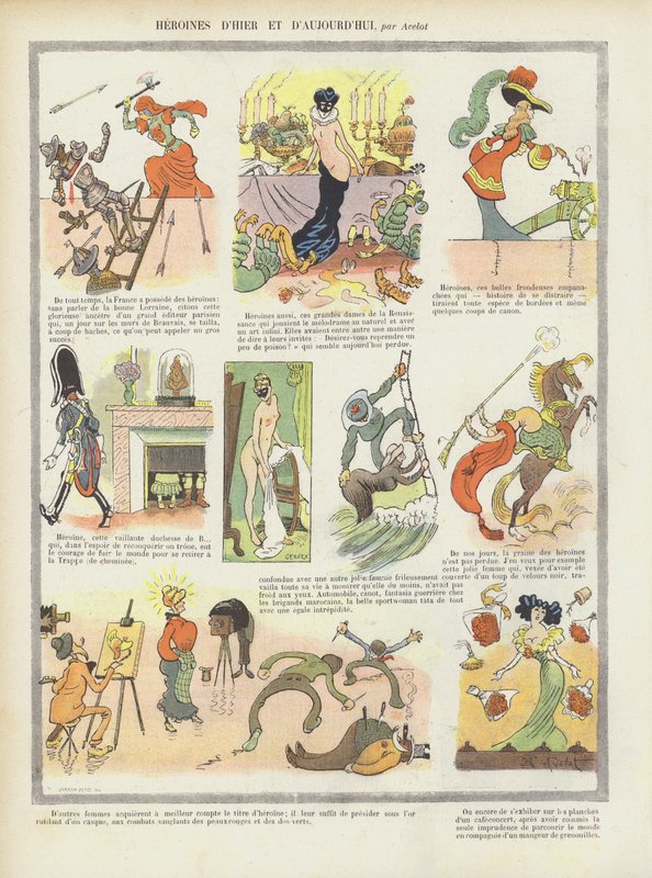 Helte fra fortid og nutid. Illustration til Le Rire af Henri Avelot