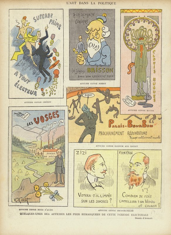 Forestillede franske valgplakater, illustration til Le Rire af Henri Avelot