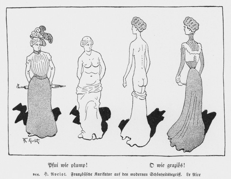 Puh, hvor buttet! Åh, hvor yndefuld!, fransk tegneserie fra Le Rire om det moderne skønhedskoncept (litho) af Henri Avelot