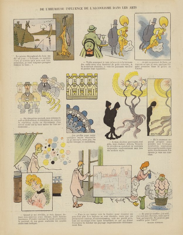Alkoholismens lykkelige indflydelse på kunsten. Illustration til Le Rire af Henri Avelot
