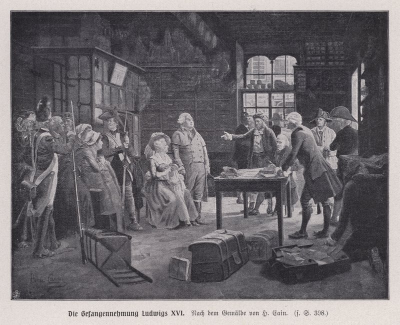 Anholdelse af kong Ludvig XVI af Frankrig og hans familie i Varennes, mens de forsøgte at flygte efter den franske revolution af Henri Cain