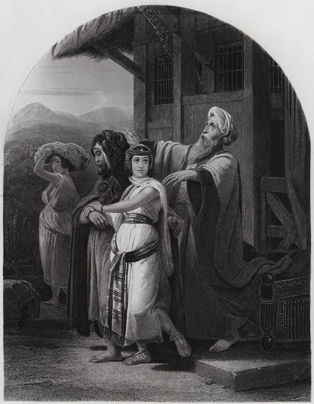 Rebekkas afgang (gravering) af Henri Frederic (after) Schopin