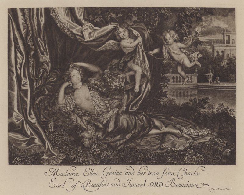 Nell Gwyn og hendes to sønner, Charles, Earl of Burford, og James, Lord Beauclerk (gravering) af Henri Gascar