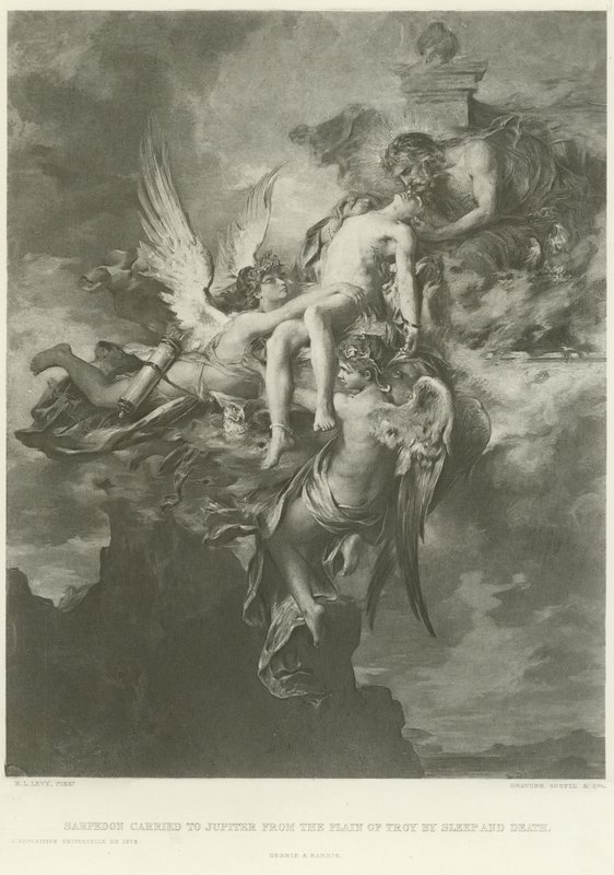 Sarpedon båret til Jupiter fra Troja-sletten med søvn og død (dybtryk) af Henri Leopold Levy