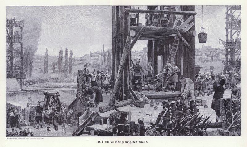 Siege of Alesia, Gallien, 52 f.Kr., Illustration fra moderne kunst i Master Woodcuts (Richard Bong, Berlin, ca. 1904 (gravering) af Henri Paul (after) Motte