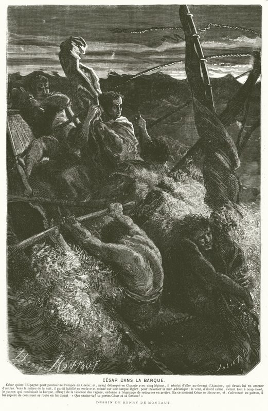 Julius Cæsar, forklædt som slave, afslører sin identitet til besætningen på en båd, der var fanget i en storm, mens han krydsede Adriaterhavet, 48 f.Kr. (gravering) af Henri de (after) Montaut