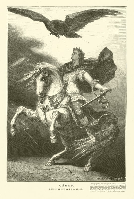 Julius Cæsar til hest med en kejserlig ørn over sig (gravering) af Henri de (after) Montaut