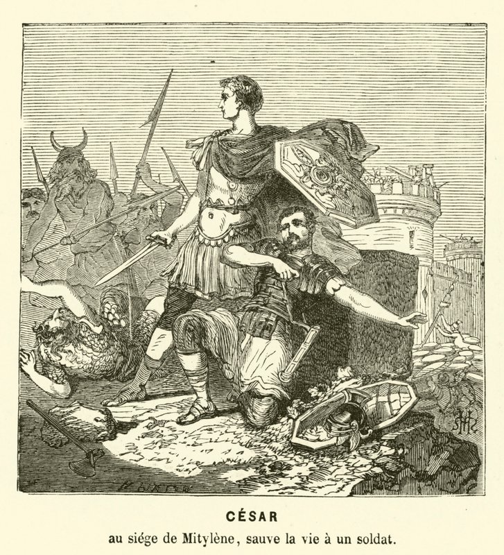 Julius Cæsar reddede en soldats liv ved belejringen af Mytilene, Lesbos, Grækenland, 81 f.Kr. (gravering) af Henri de (after) Montaut