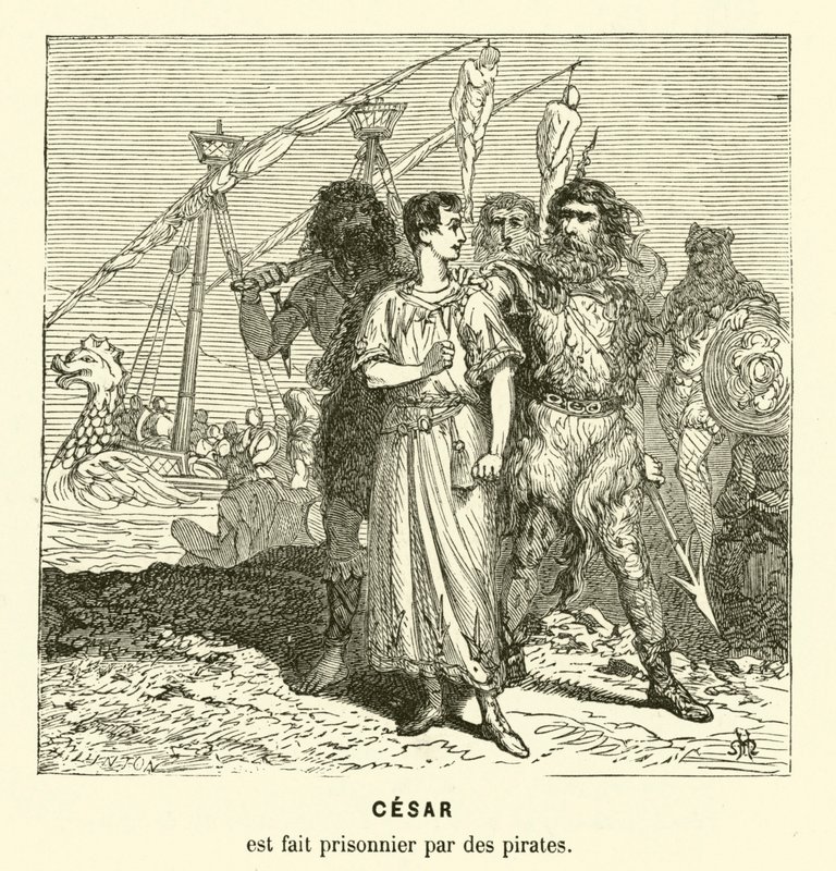 Julius Cæsar taget til fange af kiliciske pirater, mens han krydsede Det Ægæiske Hav, c75 f.Kr. (gravering) af Henri de (after) Montaut