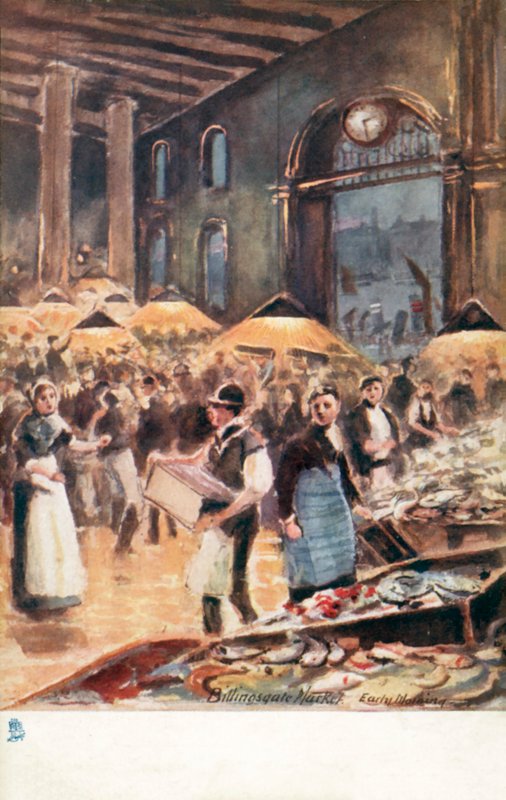 Det gamle London: Billingsgate Market, tidlig morgen (farvelitografi) af Henrie Pitcher