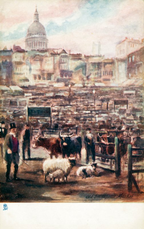Det gamle London: Old Smithfield Market (farvelitografi) af Henrie Pitcher