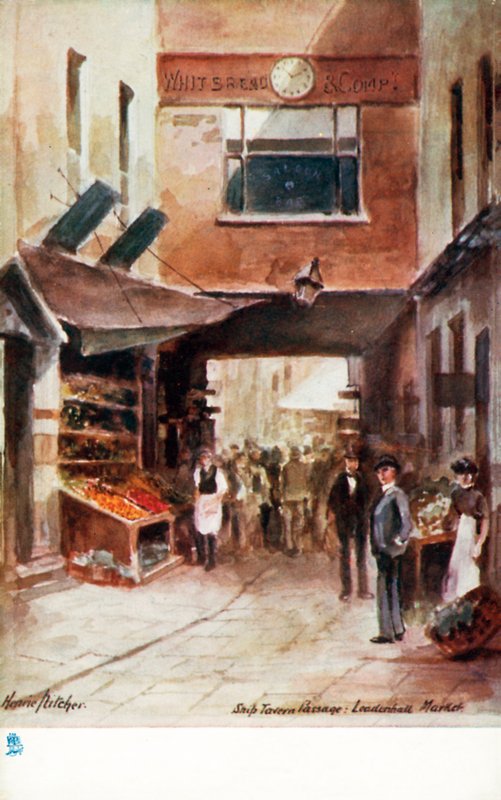 Det gamle London: Ship Tavern Passage, Leadenhall Market (farvelitografi) af Henrie Pitcher