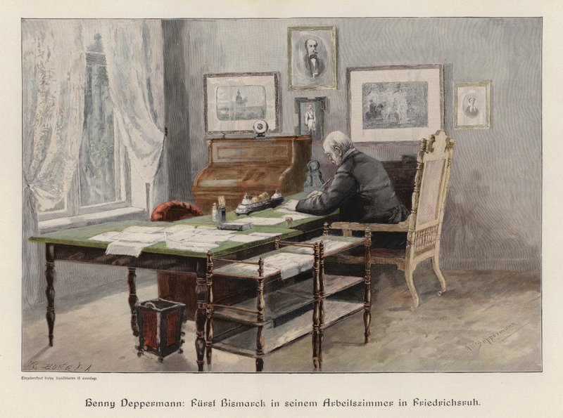 Otto von Bismarck i sit arbejdsværelse i Friedrichsruh, Tyskland (farvegravering) af Henriette Deppermann