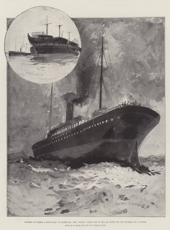 Kolera om bord på et troppeskib i Plymouth, Nubien går ud til havet om natten til begravelsen af et offer af Henry Charles Seppings Wright