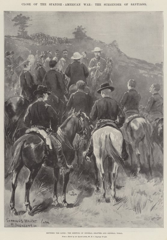 Afslutningen på den spansk-amerikanske krig, kapitulationen i Santiago, mellem linjerne, mødet mellem general Shafter og general Toral af Henry Charles Seppings Wright