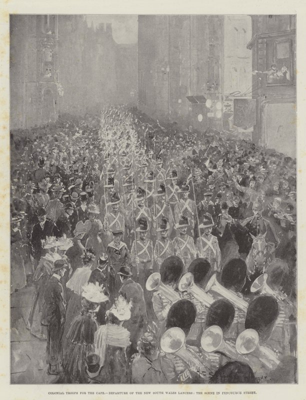 Kolonitropper til Kap, afgang af New South Wales Lancers, scenen i Fenchurch Street af Henry Charles Seppings Wright