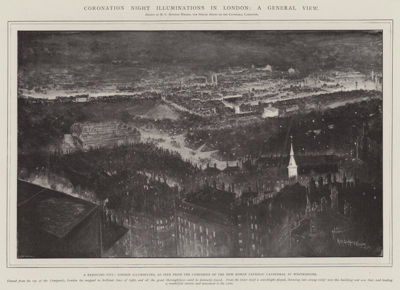 Coronation Night Illuminations i London, en generel udsigt, en jublende by, London Illuminated, set fra Campanile of the New Roman Catholic Cathedral i Westminster af Henry Charles Seppings Wright