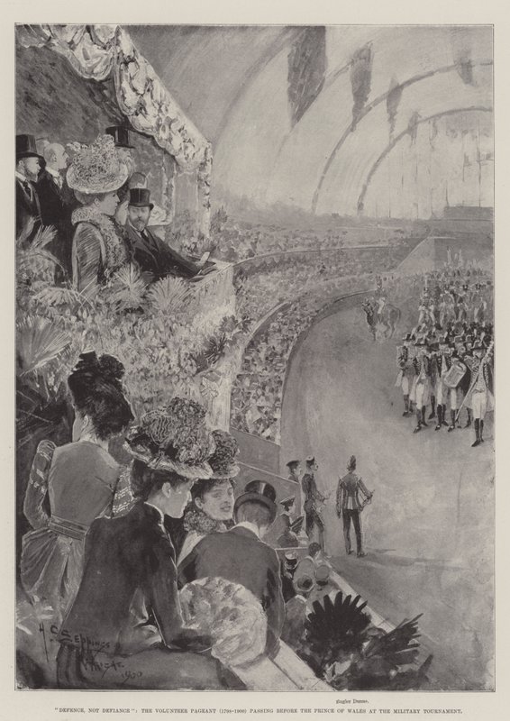 Defence, not Defiance, the Volunteer Pageant (1798-1900), der går foran prinsen af Wales ved den militære turnering af Henry Charles Seppings Wright