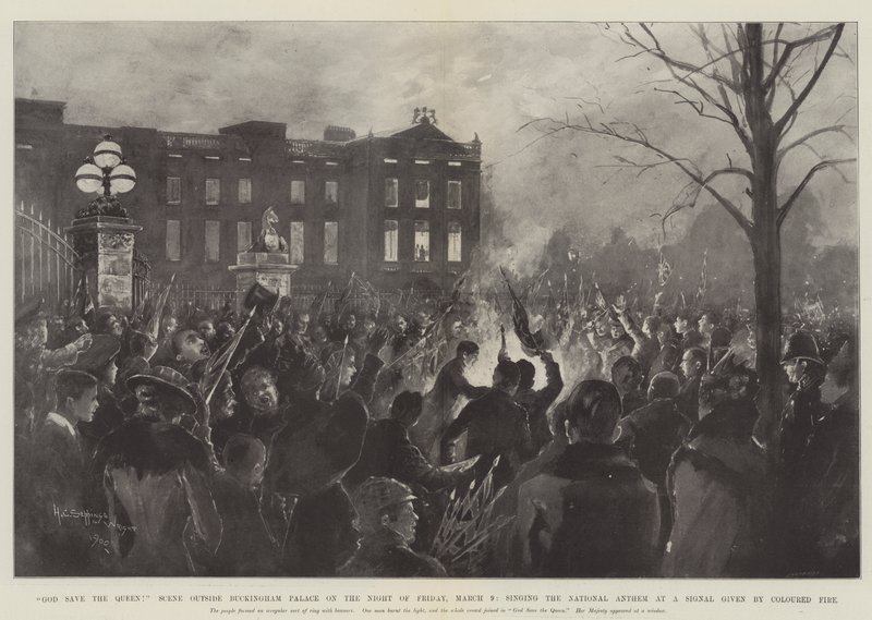 God Save the Queen! Scene uden for Buckingham Palace natten til fredag den 9. marts, hvor de synger nationalsangen på et signal fra Coloured Fire af Henry Charles Seppings Wright