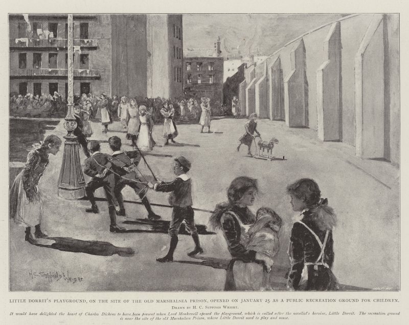 Little Dorrits legeplads på det gamle Marshalsea-fængsel åbnede den 25. januar som en offentlig legeplads for børn af Henry Charles Seppings Wright