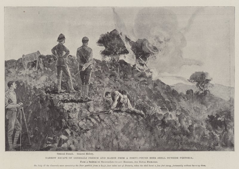 Snæver flugt for generalerne French og Mahon fra en 40-punds Boer Shell uden for Pretoria af Henry Charles Seppings Wright