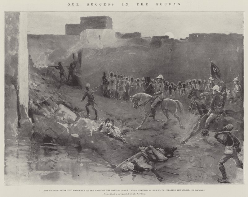 Vores succes i Soudan, Sirdarens indtog i Omdurman på slagets nat, sorte tropper, dækket af kanonbåde, rydder Baggaras gader af Henry Charles Seppings Wright